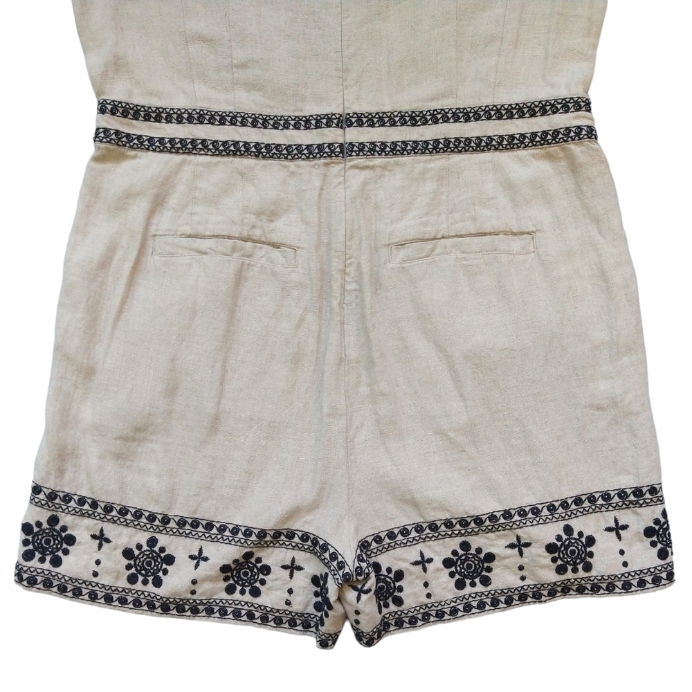 LOFT 100% Linen Khaki Tan Black Embroidered Sleeveless Romper Pockets Boho - Picture 8 of 13